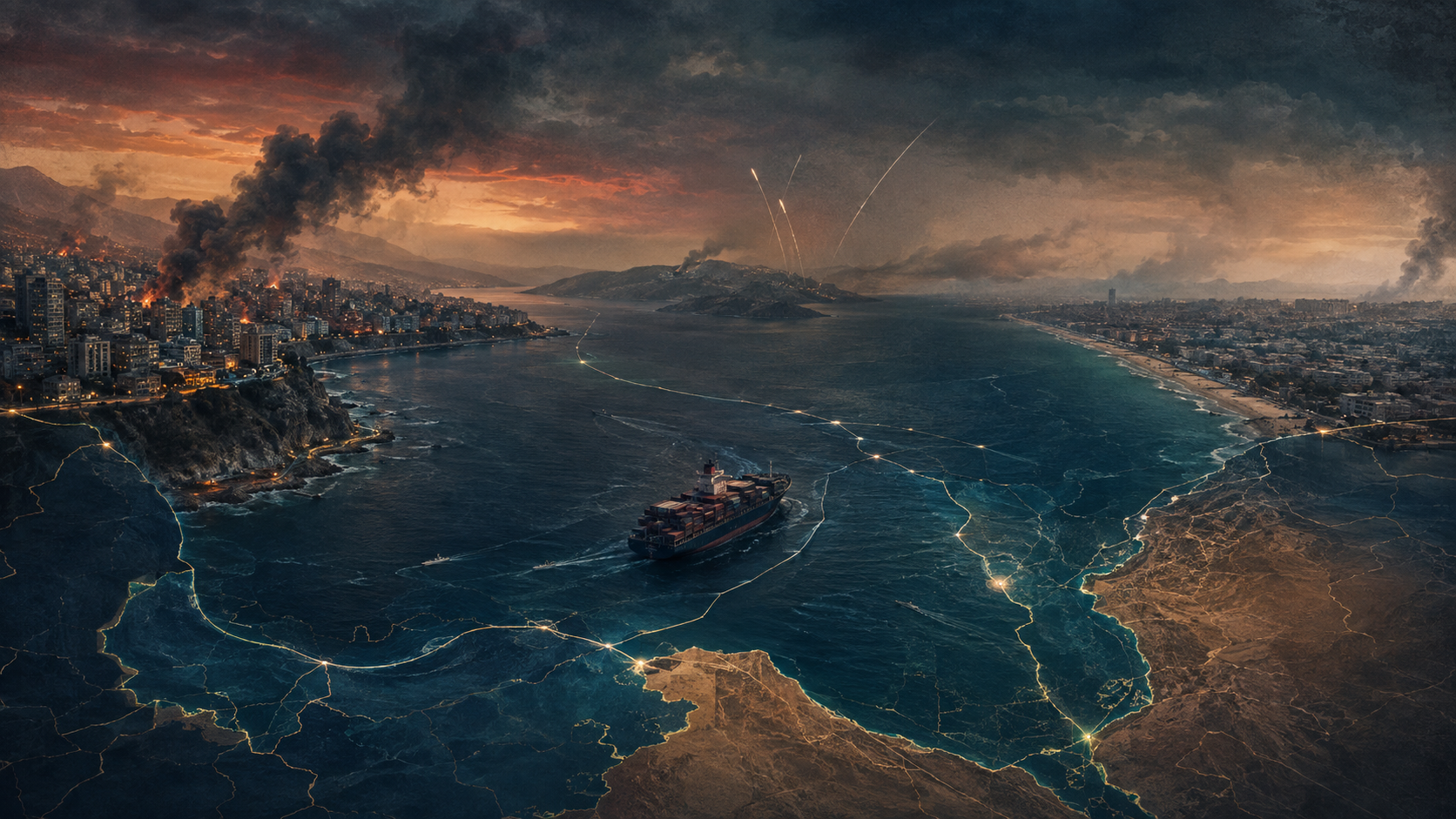 Editorial illustration linking the Lebanon coastline, Red Sea shipping, Yemen, and the Gaza coastline at dusk